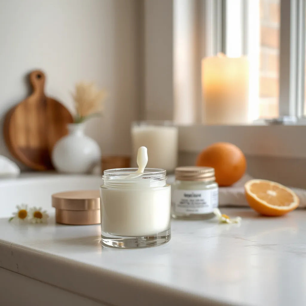 Bright cream jar and dropper on a minimal vanity with soft botanical accents