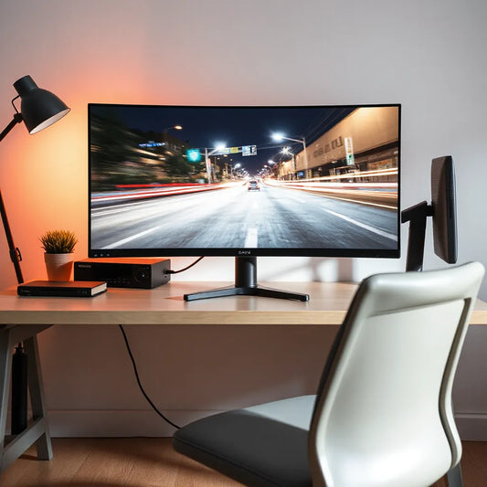 A gaming monitor on a clean desk with subtle ambient lighting and a second monitor setup in the background