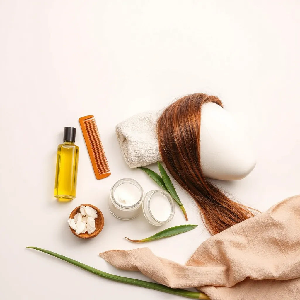 Natural hair care products arranged with comb and towel alongside a mannequin hair strand