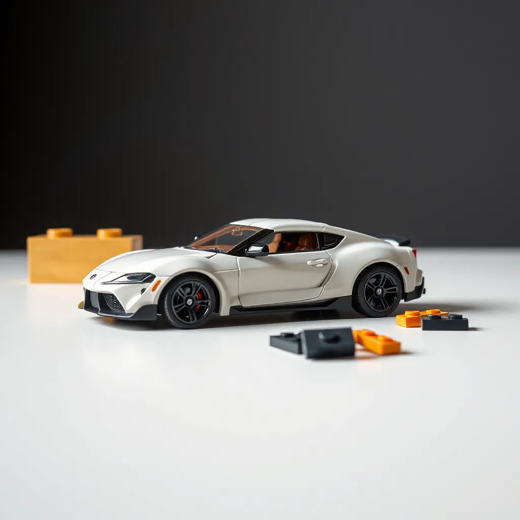 Detailed toy model of a Toyota Supra on a tabletop with LEGO pieces and neutral studio lighting