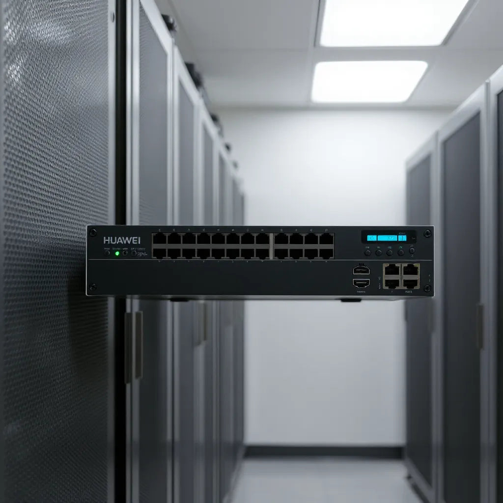 Rack-mounted Layer 3 managed switch with many Ethernet ports and status LEDs in a server room