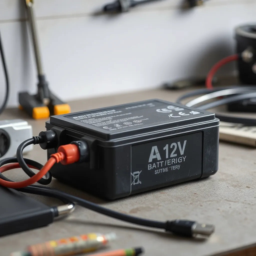 Compact 12V high-rate battery with connected power cable on a clean workbench