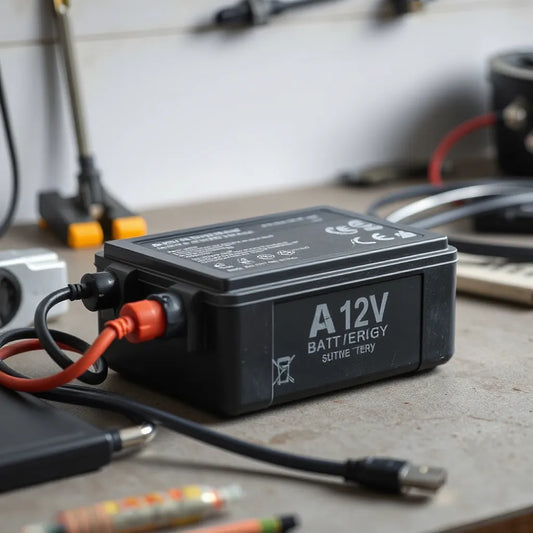 Compact 12V high-rate battery with connected power cable on a clean workbench
