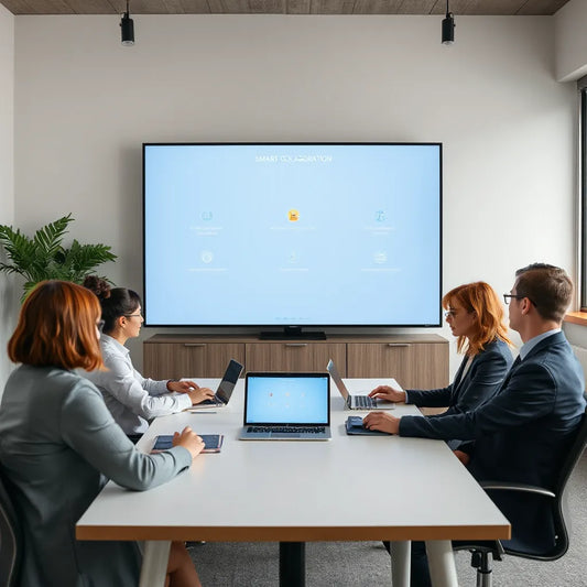 Meeting room with a smart collaboration display and people collaborating around a conference table.