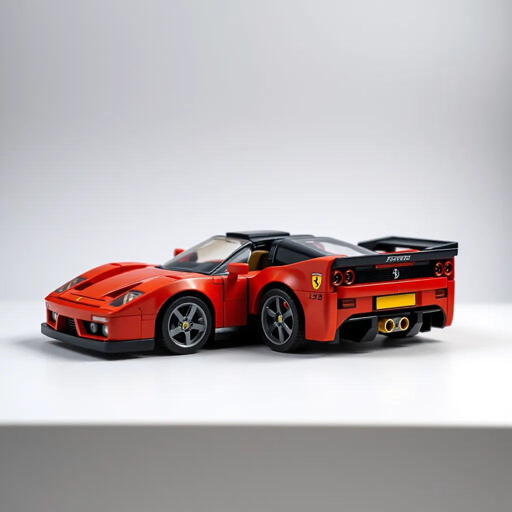 LEGO Speed Champions style Ferrari model displayed on a clean surface with soft studio lighting