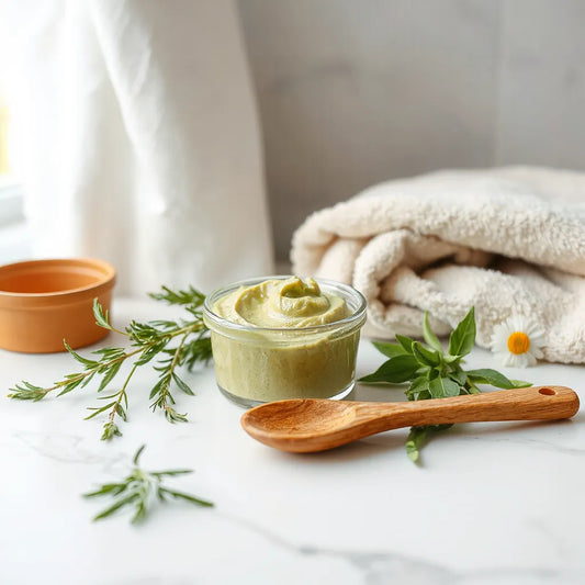 Natural botanical hair treatment bowl with herbs and leaves on a clean bathroom vanity