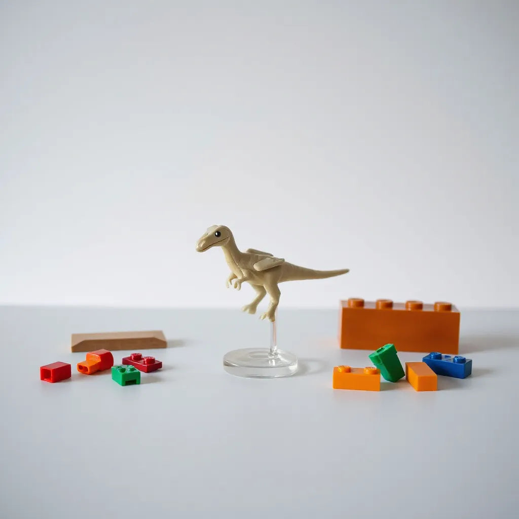 LEGO Baby Pteranodon model on a clean tabletop with a small display stand and extra bricks nearby