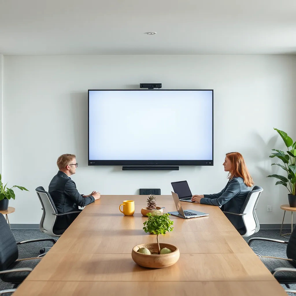 Large 86-inch smart collaboration display in a modern meeting room with people actively discussing