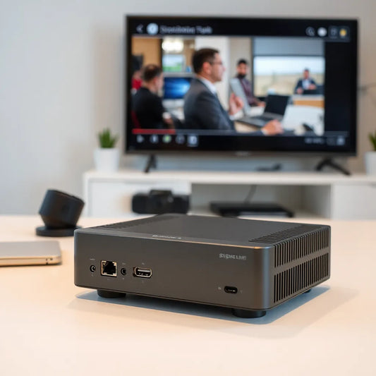 Compact signage media player with a wall display showing generic looping content in a clean office setting