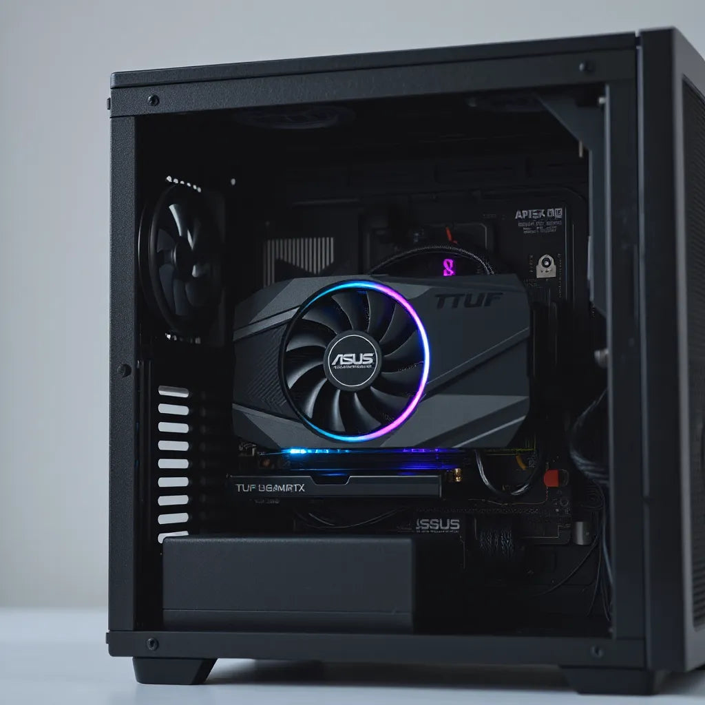 Installed GeForce RTX graphics card with dual fans and heatsink inside a clean desktop PC case