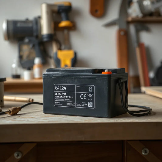 Compact 12V general purpose battery on a workbench with a power cable and nearby device