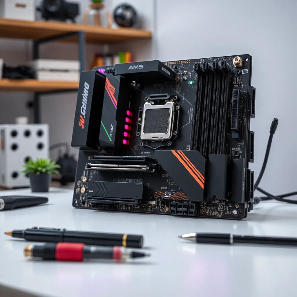 AM5 ATX gaming motherboard with WiFi-ready design, PCIe slots, and subtle RGB accents on a clean workbench