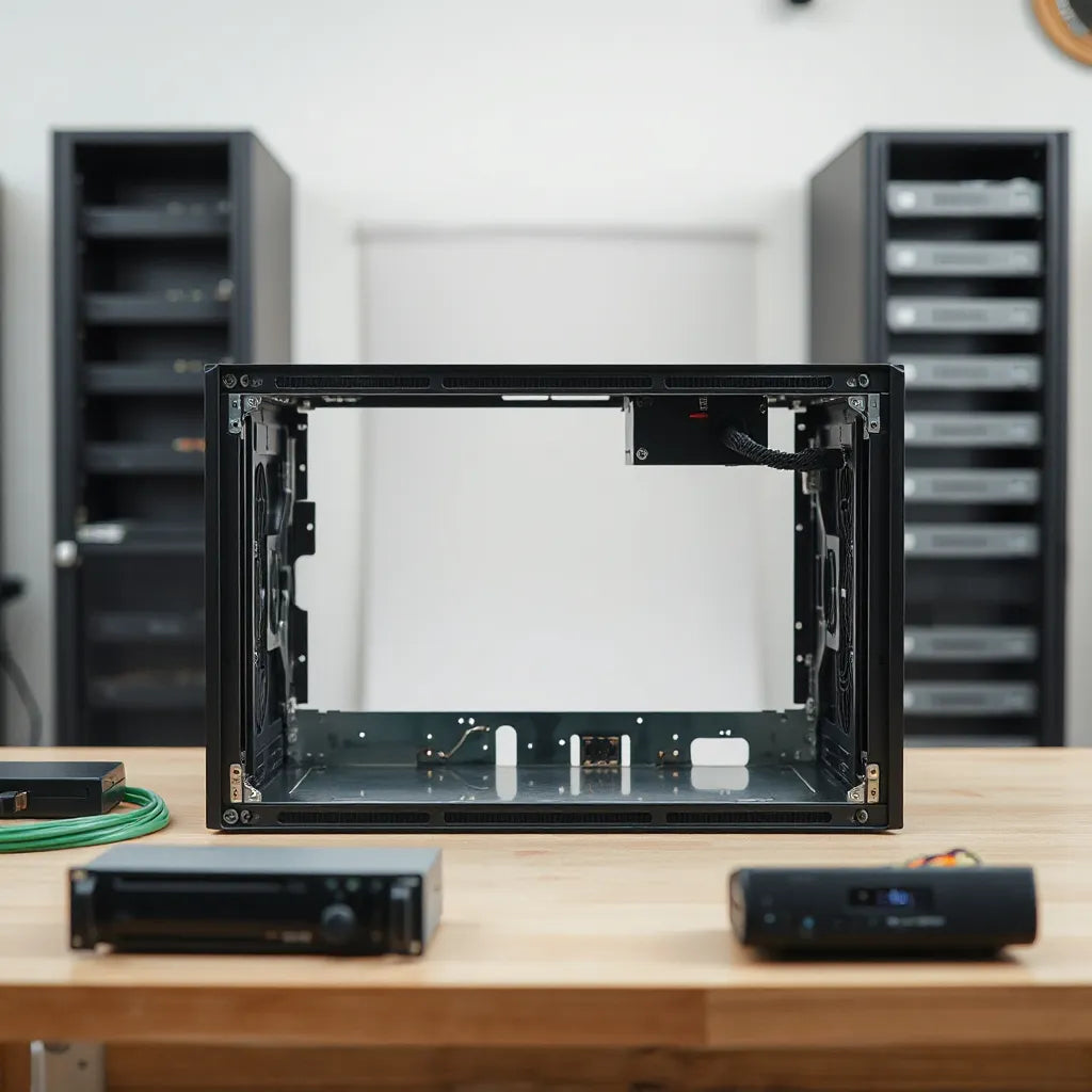 Rackmount PC chassis with visible front bays, rear I/O cutouts, and organized interior for building servers