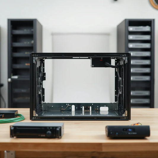 Rackmount PC chassis with visible front bays, rear I/O cutouts, and organized interior for building servers