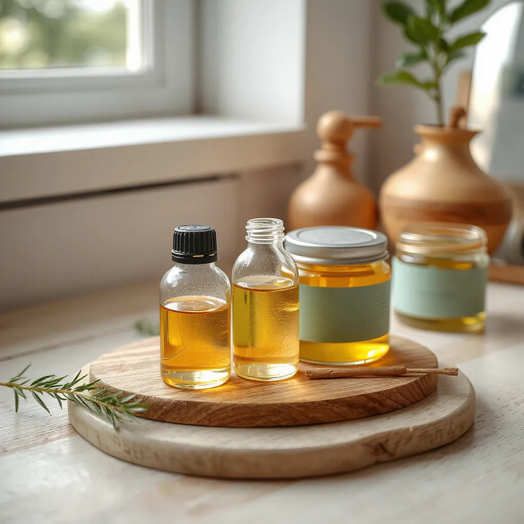 Glass dropper bottle of nourishing hair oil with small jars and fresh herb sprigs on a light wooden surface
