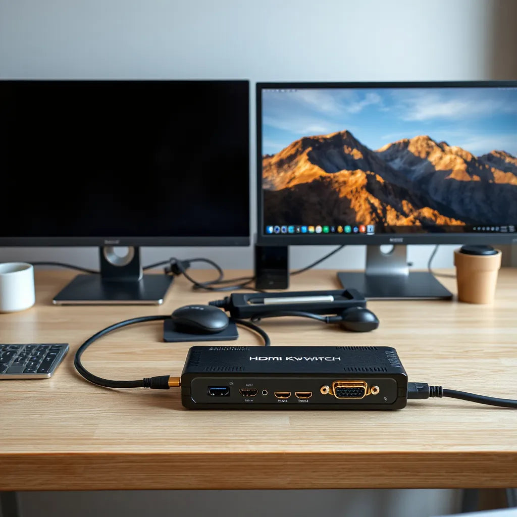 4K HDMI KVM switch connected to dual monitors and two computers with visible HDMI cables