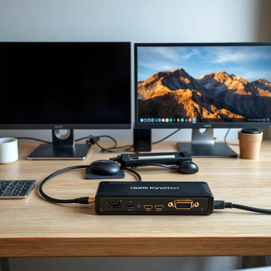 4K HDMI KVM switch connected to dual monitors and two computers with visible HDMI cables
