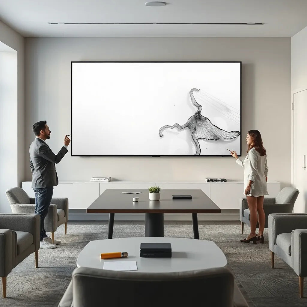 People using a 75-inch interactive touchscreen display in a modern meeting room