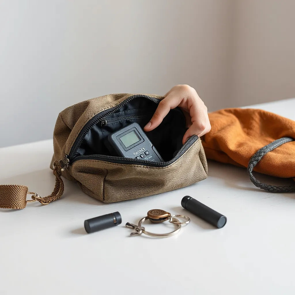 Pocket personal alarm and compact safety tools arranged beside a small everyday bag