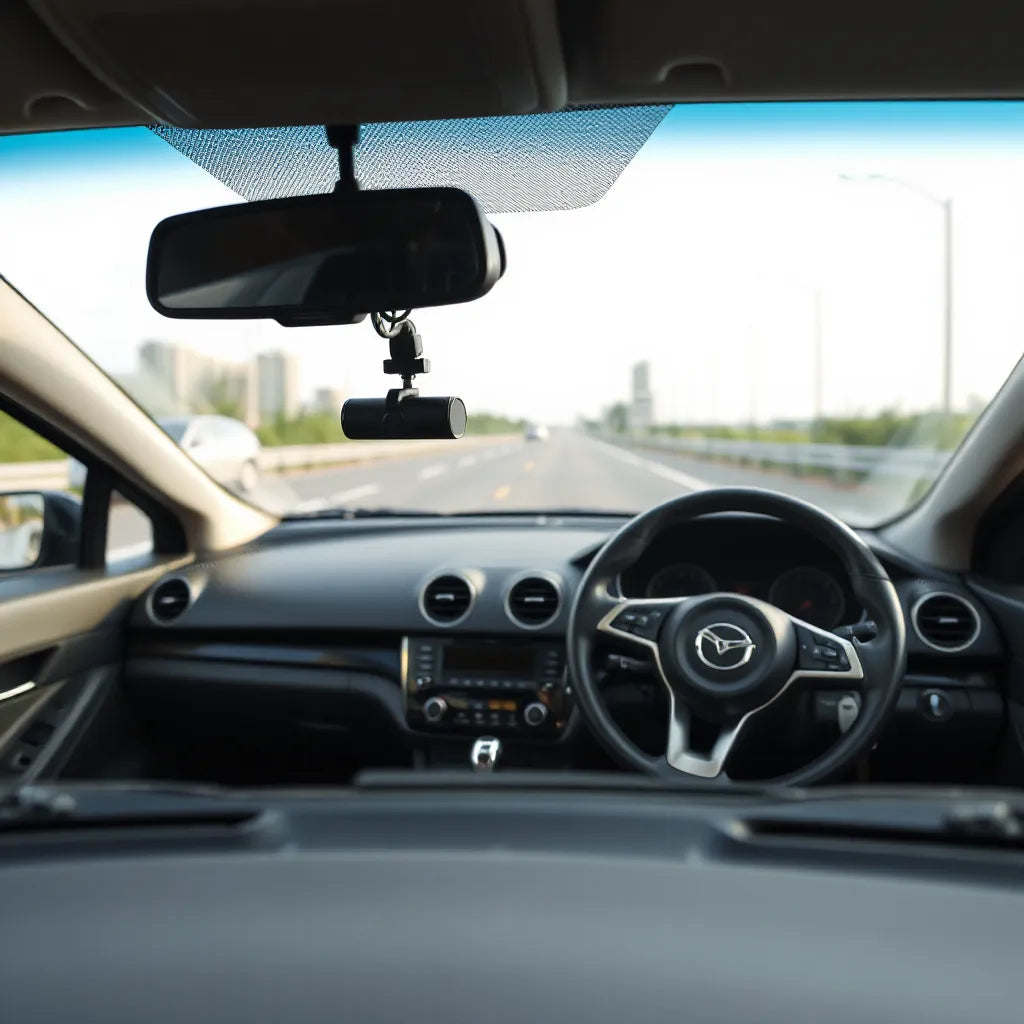 Dash cam mounted near the top of a car windshield with a clear view of the road ahead