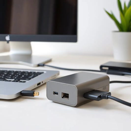 Thunderbolt 5 docking station on a desk connected to a laptop with visible ports and cables