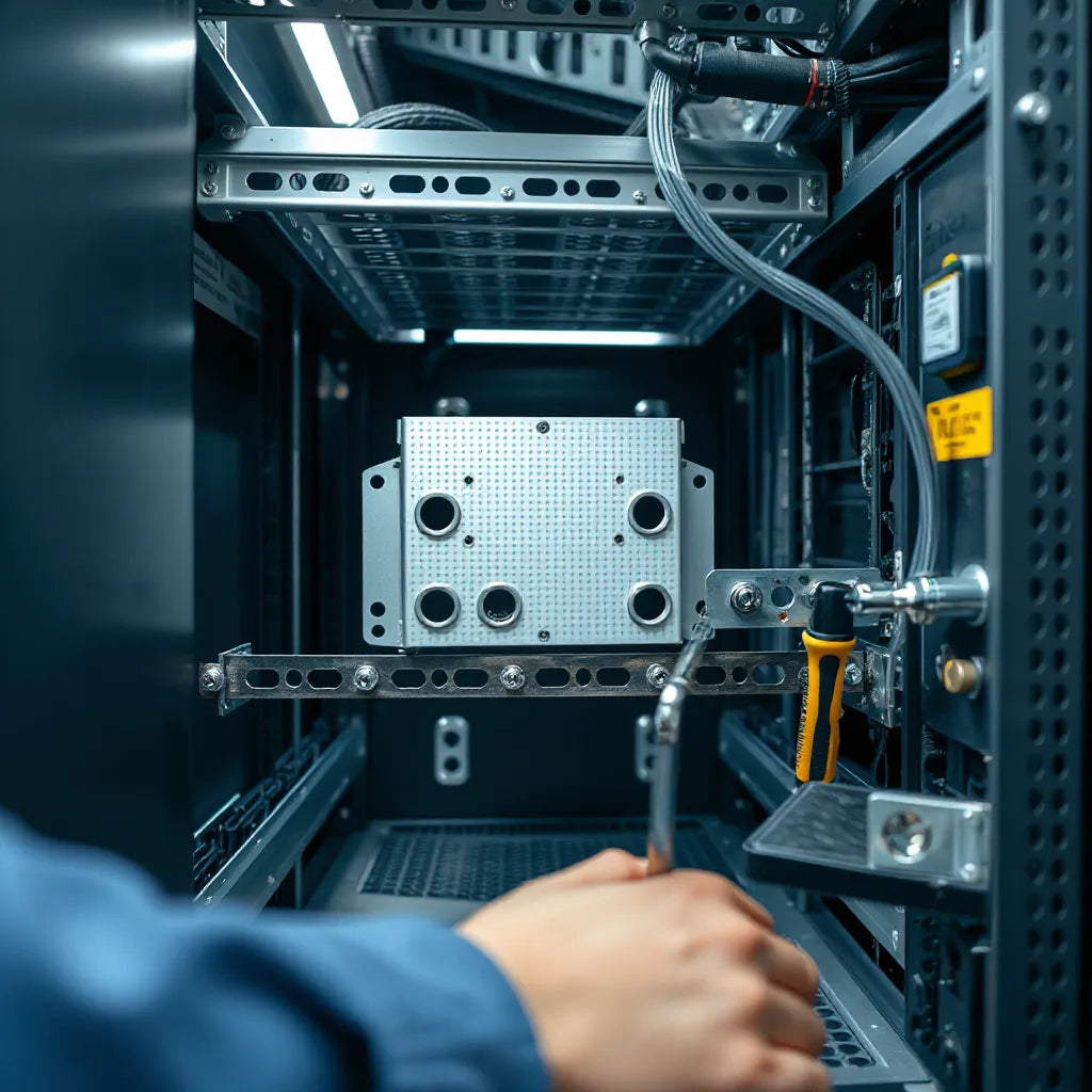 Metal rail kit brackets aligned to a server rack inside with screws and tools nearby