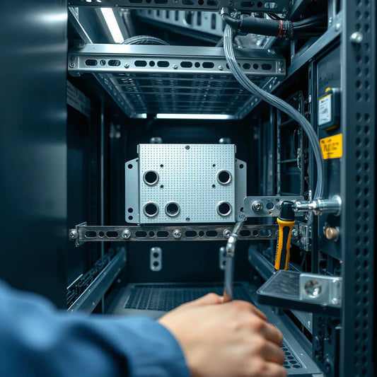 Metal rail kit brackets aligned to a server rack inside with screws and tools nearby