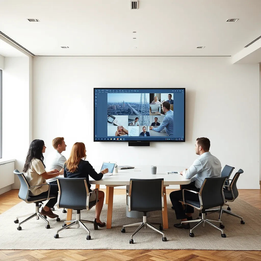 Team collaborating in a modern meeting room using a 65-inch intelligent collaboration display.