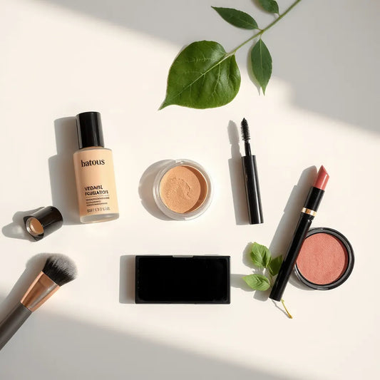 Assorted vegan makeup essentials arranged neatly, including foundation, concealer, powder, brows, eyes, blush, and lip products.