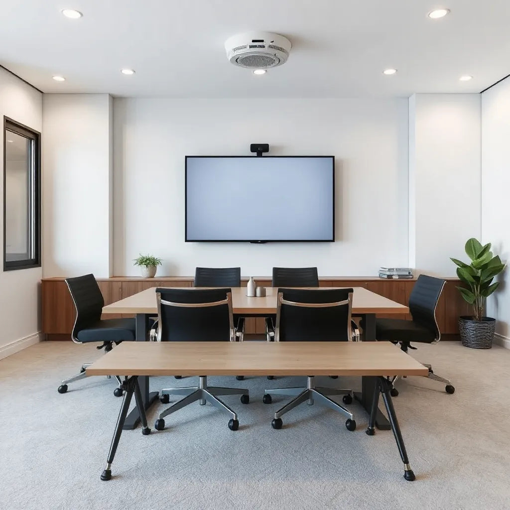 Interactive meeting display in a modern conference room with conference table and audio equipment