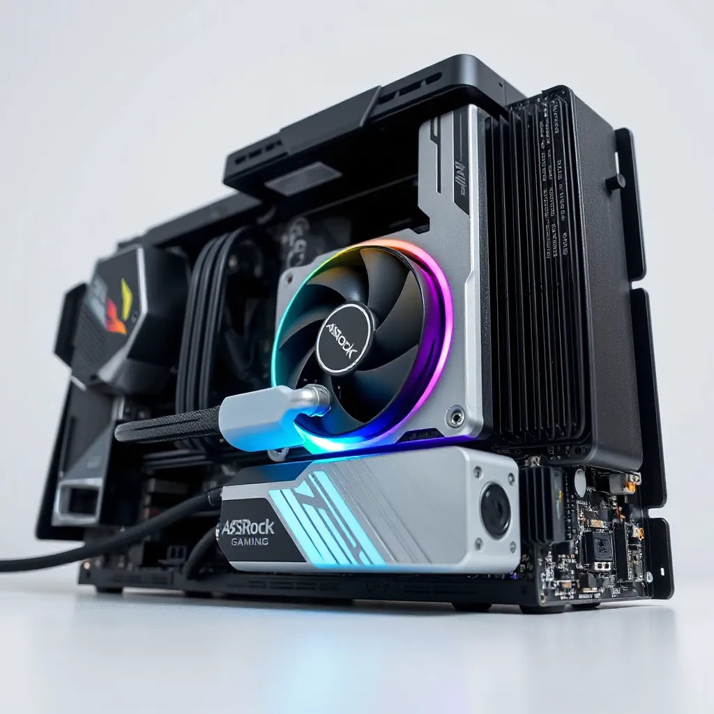 Liquid CPU cooler with pump block and radiator fans mounted on a PC motherboard with subtle lighting