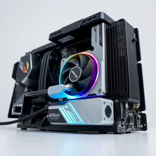 Liquid CPU cooler with pump block and radiator fans mounted on a PC motherboard with subtle lighting