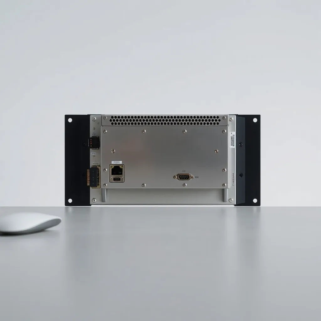 Compact OPS PC module mounted behind a flat panel display, showing ports and connection points