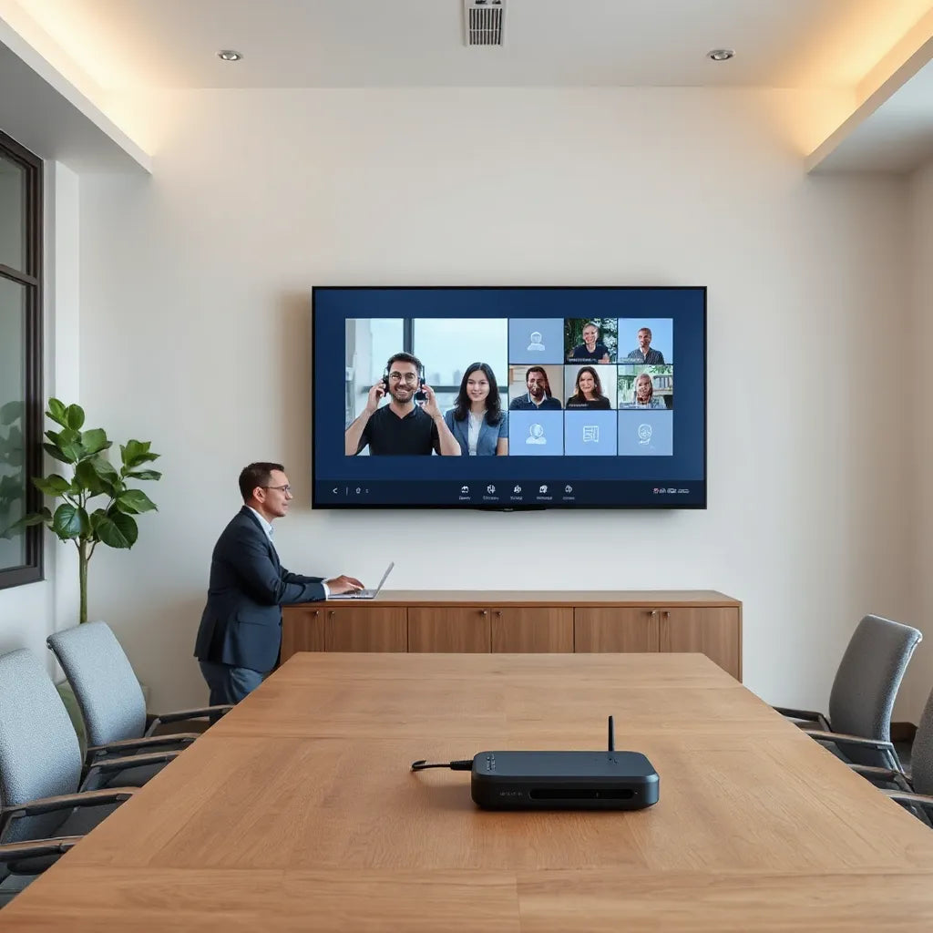 Large intelligent collaboration display in a modern meeting room with video tiles and people seated at a conference table