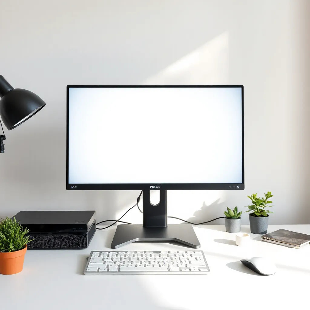 Minimal desk setup with a 27-inch IPS monitor centered, keyboard and mouse in foreground