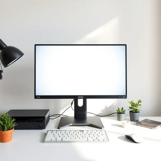 Minimal desk setup with a 27-inch IPS monitor centered, keyboard and mouse in foreground