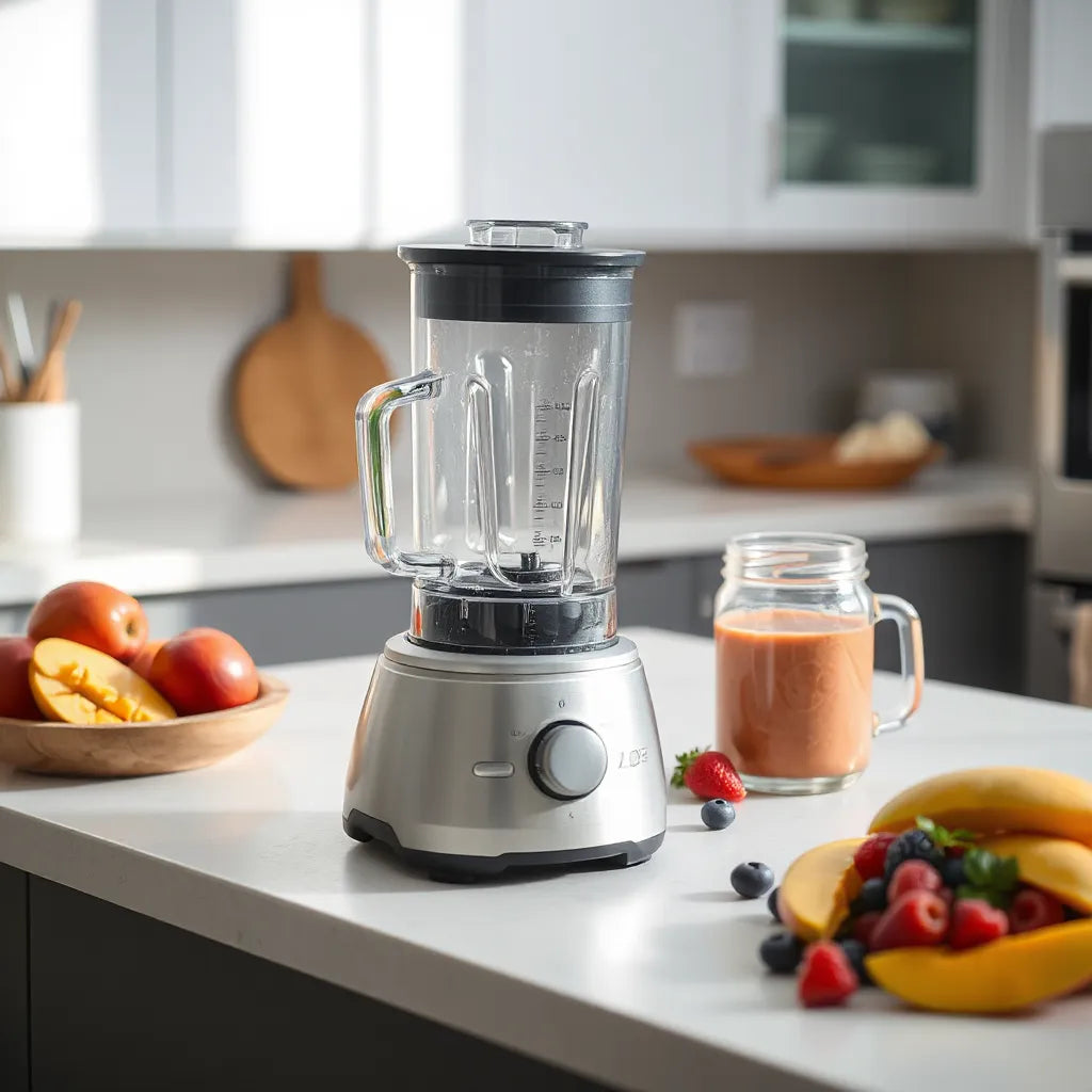 Portable blender on a kitchen counter with cut fruit and a smoothie jar in soft daylight