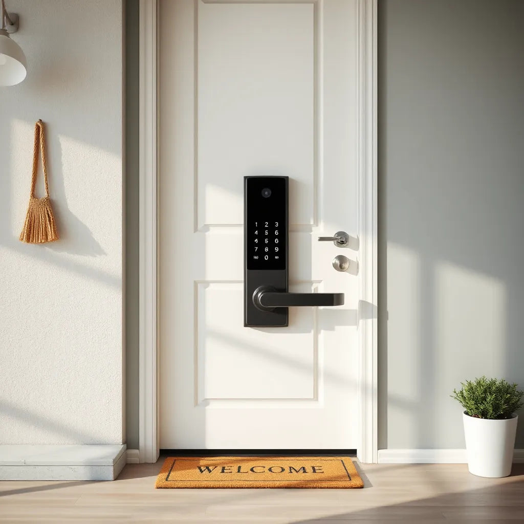 Smart door lock on a modern front door with keypad and handle in natural daylight