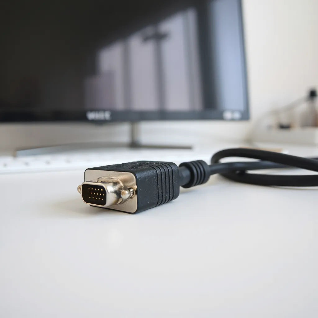 VGA male to male cable with two connectors, neatly arranged beside a monitor for screen setup