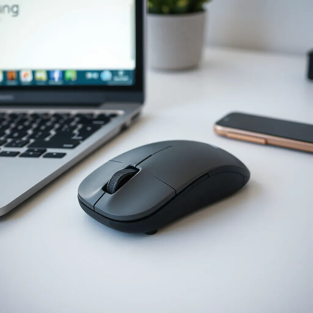 Wireless mouse resting on a desk beside a laptop keyboard, showing ergonomic shape and smooth surface