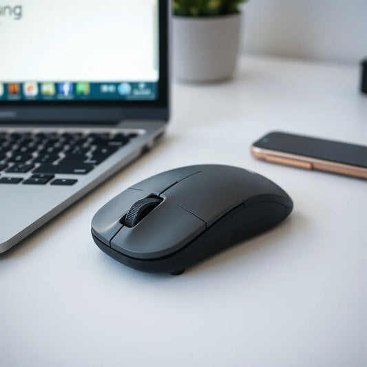 Wireless mouse resting on a desk beside a laptop keyboard, showing ergonomic shape and smooth surface