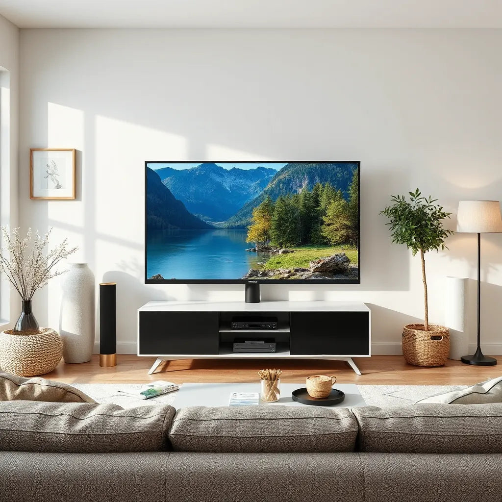 Flat-screen 4K smart TV in a bright living room showing a crisp nature scene