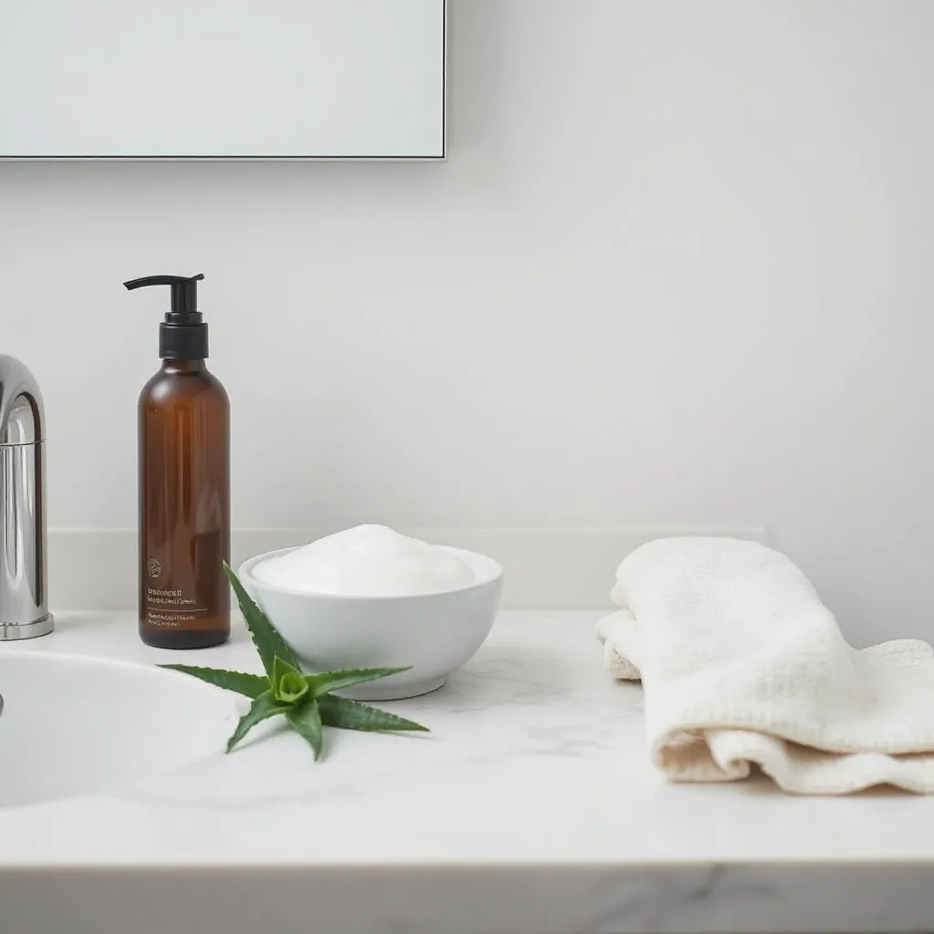 Sulfate-free shampoo bottle with creamy lather and aloe leaves on a clean bathroom vanity
