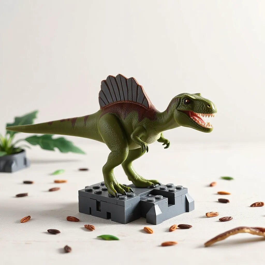 Articulated LEGO Spinosaurus model posed on a simple stand with subtle jungle-themed rocks and leaves