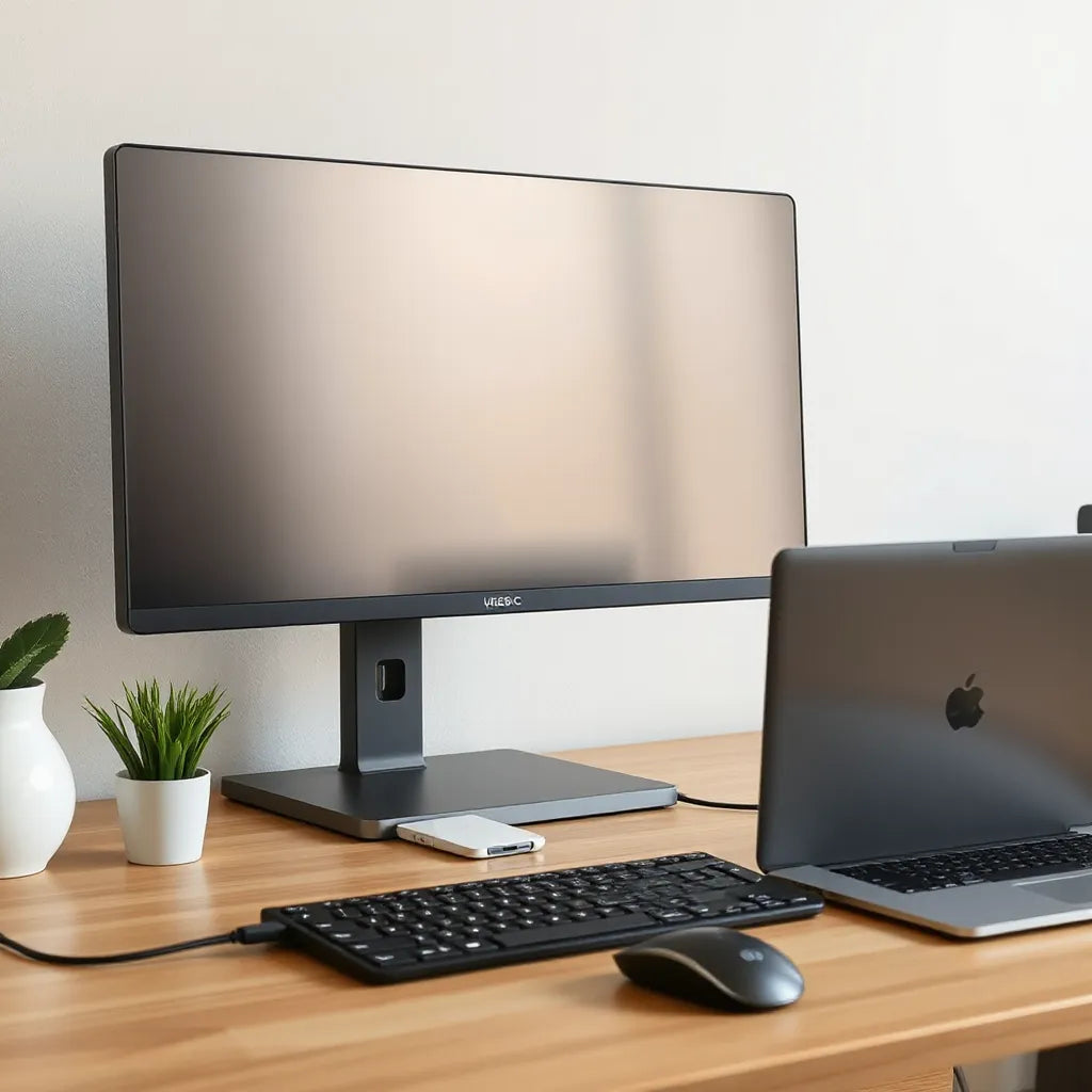 Modern monitor on a clean desk with a USB-C cable connecting to a laptop for docking and charging