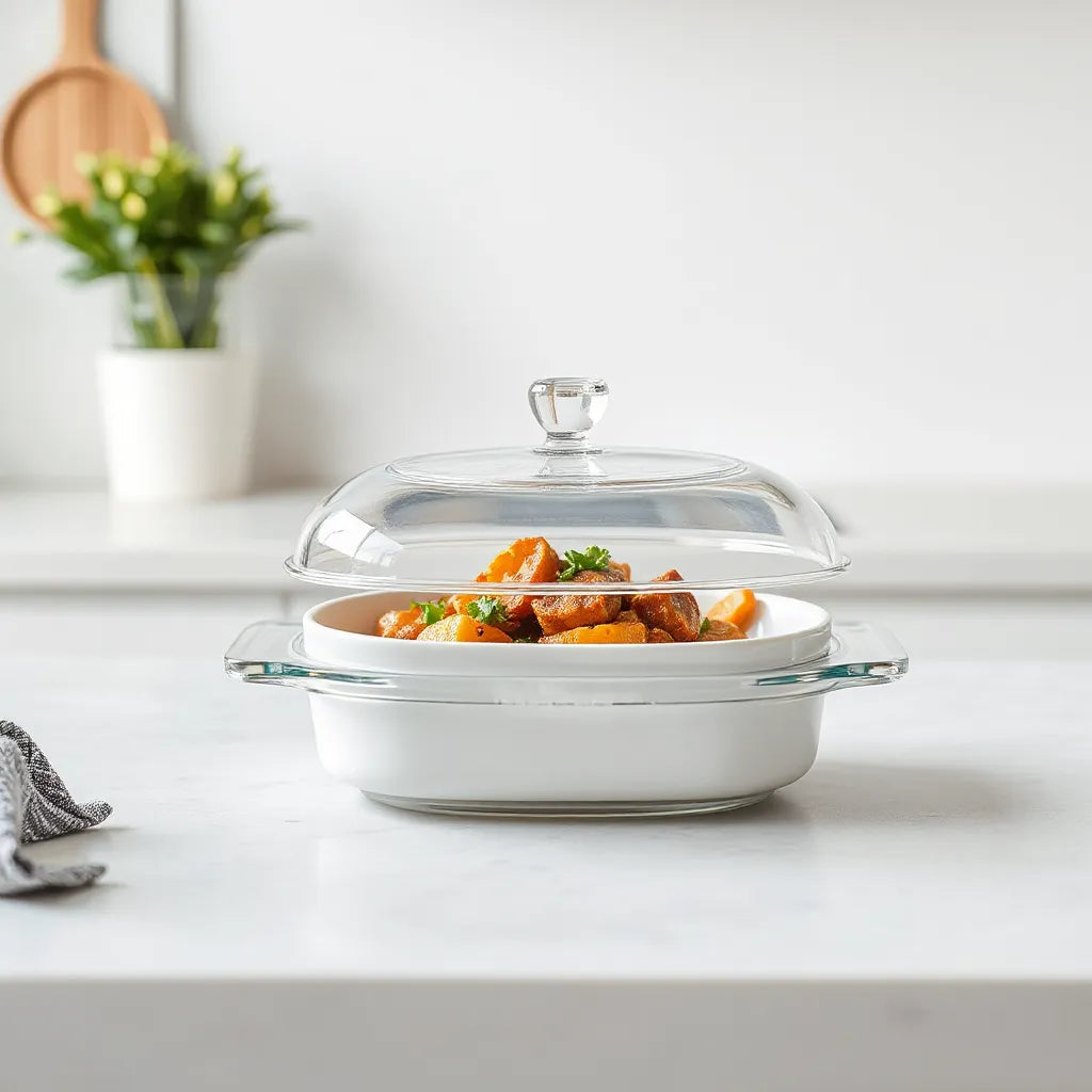 Single twist-on dish with neatly plated meal and visible twist lid on a clean countertop