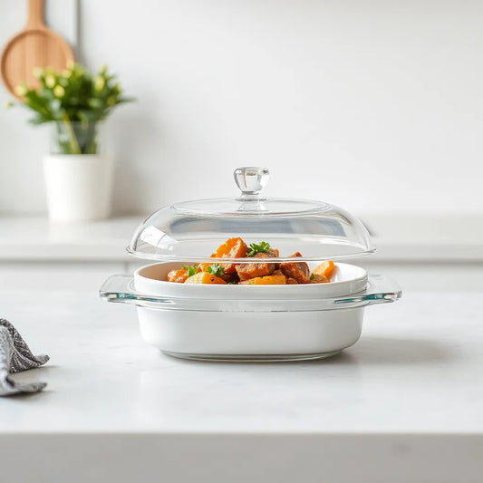 Single twist-on dish with neatly plated meal and visible twist lid on a clean countertop