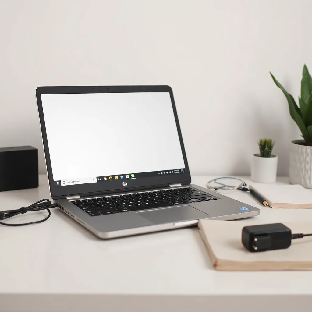 Open notebook on a clean desk with a power adapter and neutral accessories