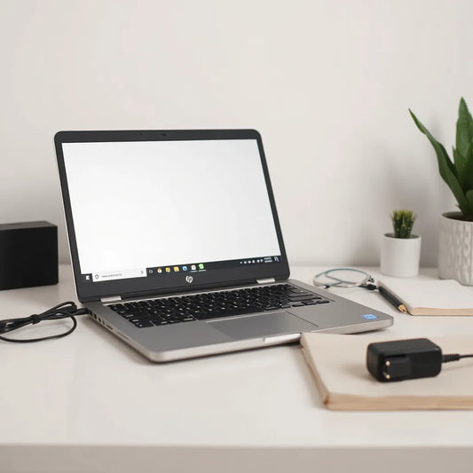 Open notebook on a clean desk with a power adapter and neutral accessories