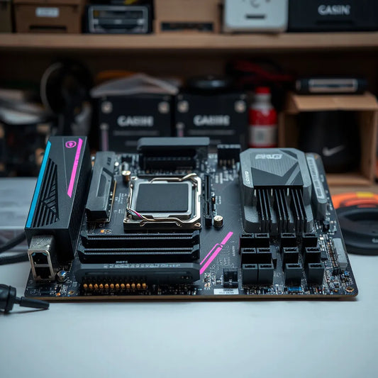 Modern gaming motherboard with prominent heatsinks and connectors on a clean workbench